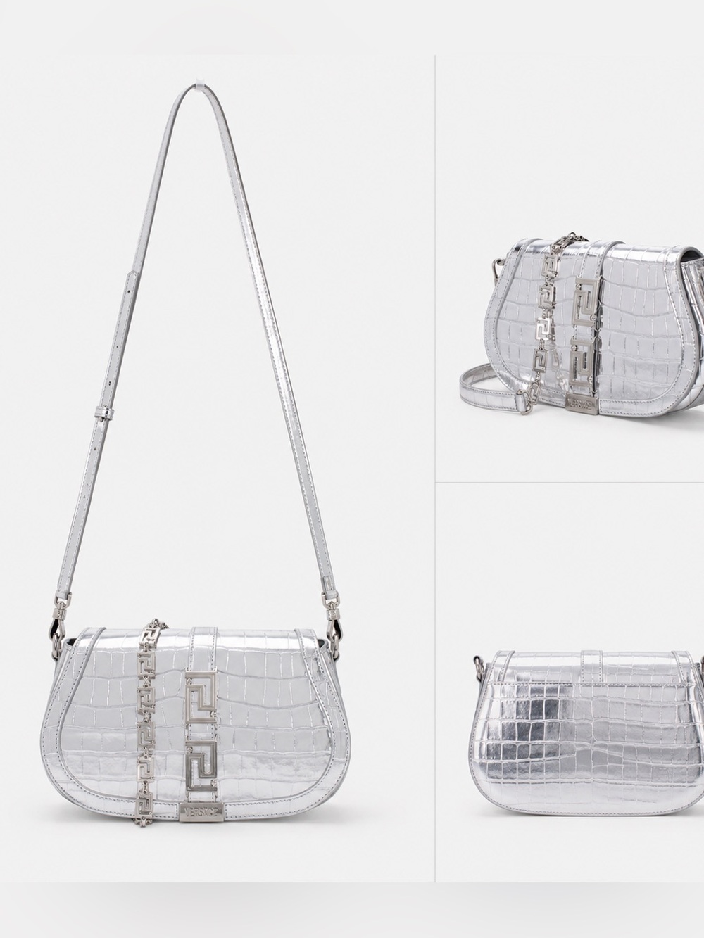 Versace Silver Croc Embossed Leather Shoulder Bag